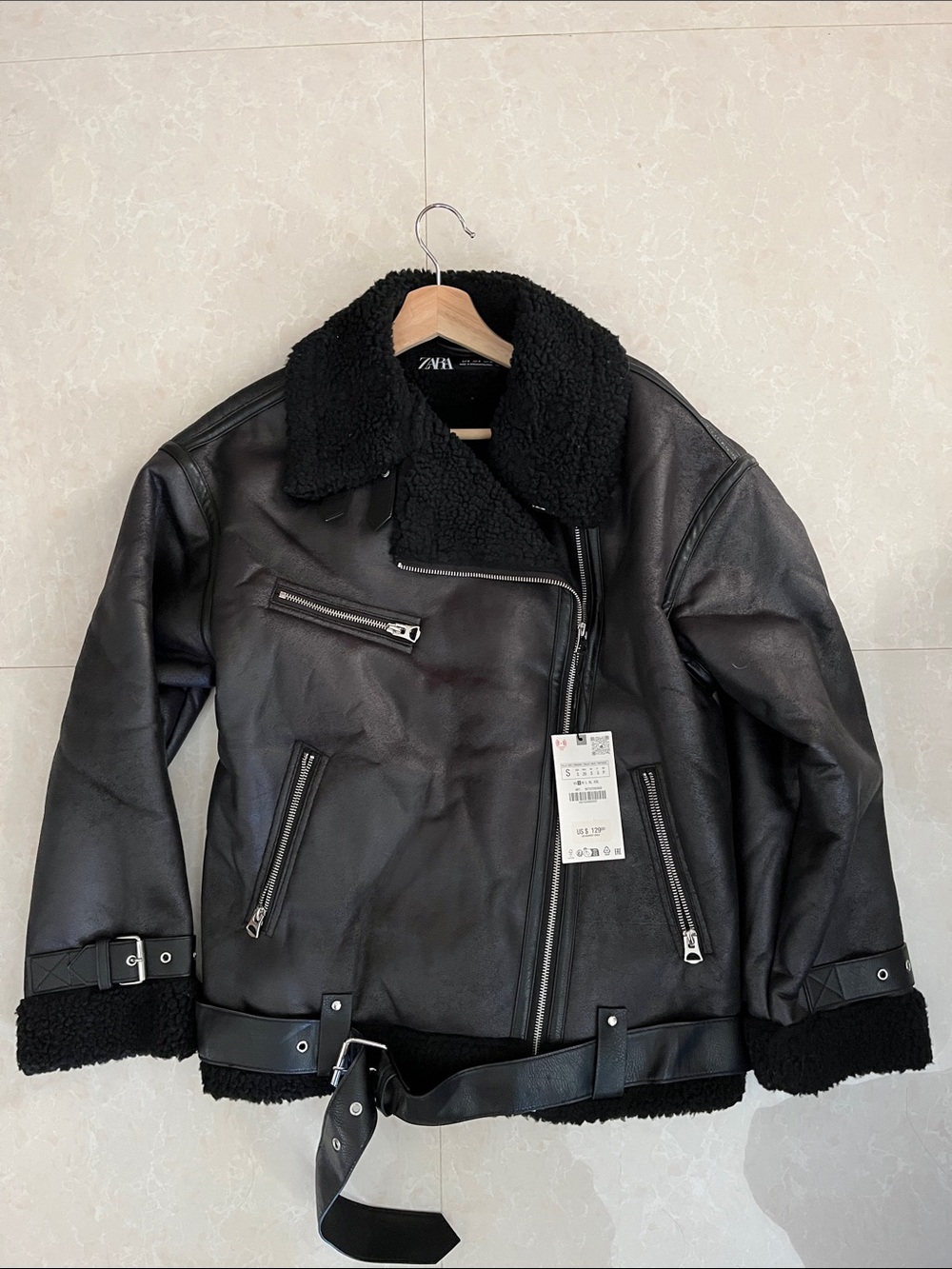 Zara Black Faux Shearling Moto Jacket with Belt